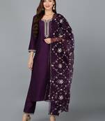 purple color embroidered silk blend styles kurta trouser with dupatta