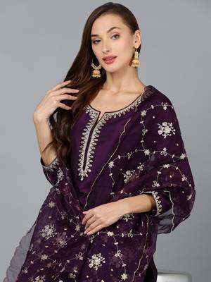 purple color embroidered silk blend styles kurta trouser with dupatta 2