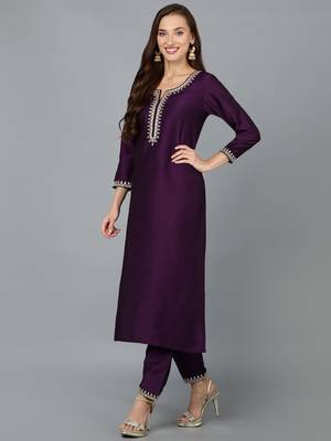 purple color embroidered silk blend styles kurta trouser with dupatta 3