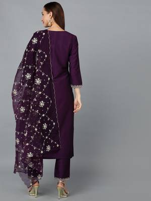 purple color embroidered silk blend styles kurta trouser with dupatta 4