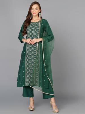 green color embroidered silk blend styles kurta trouser with dupatta 1