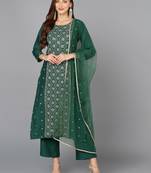 green color embroidered silk blend styles kurta trouser with dupatta