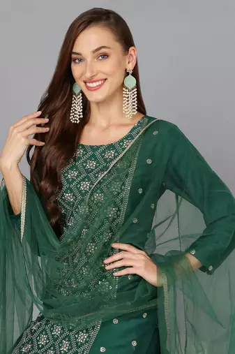 green color embroidered silk blend styles kurta trouser with dupatta