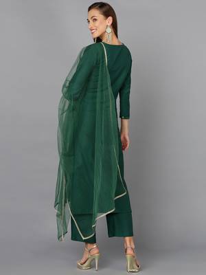 green color embroidered silk blend styles kurta trouser with dupatta 4