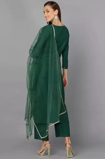 green color embroidered silk blend styles kurta trouser with dupatta