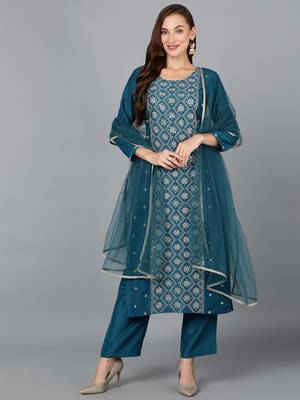 teal color embroidered silk blend styles kurta trouser with dupatta 1