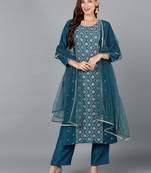 teal color embroidered silk blend styles kurta trouser with dupatta