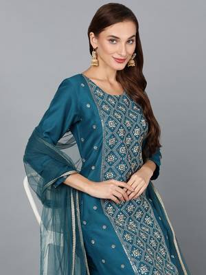 teal color embroidered silk blend styles kurta trouser with dupatta 2