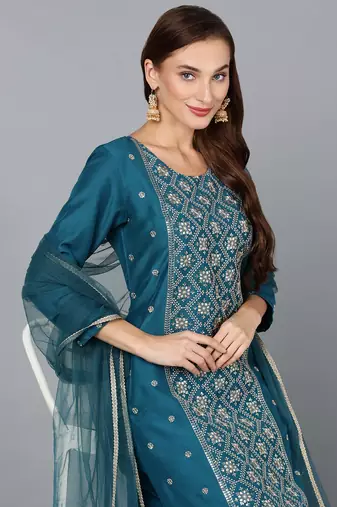 teal color embroidered silk blend styles kurta trouser with dupatta