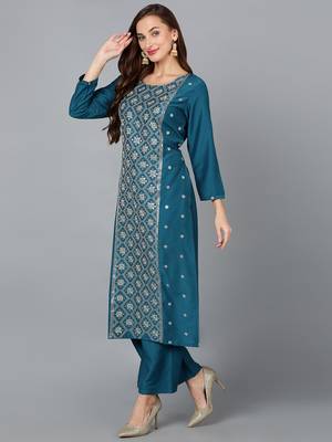 teal color embroidered silk blend styles kurta trouser with dupatta 3