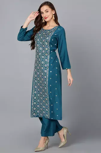 teal color embroidered silk blend styles kurta trouser with dupatta