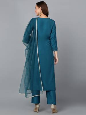 teal color embroidered silk blend styles kurta trouser with dupatta 4
