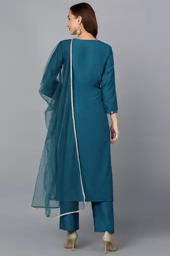 teal color embroidered silk blend styles kurta trouser with dupatta