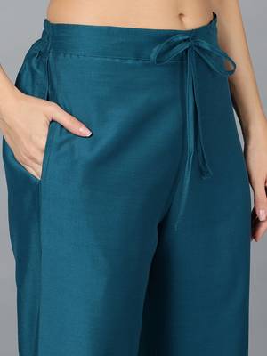 teal color embroidered silk blend styles kurta trouser with dupatta 5