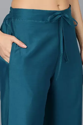 teal color embroidered silk blend styles kurta trouser with dupatta