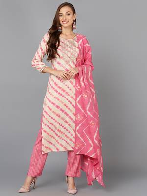 cream color embroidered silk blend styles kurta trouser with dupatta 1