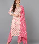 cream color embroidered silk blend styles kurta trouser with dupatta