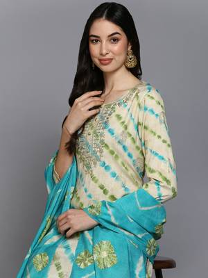 nude color embroidered silk blend styles kurta trouser with dupatta 2