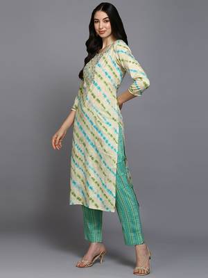 nude color embroidered silk blend styles kurta trouser with dupatta 3