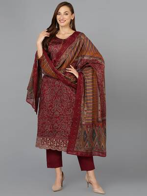 maroon color printed silk blend styles kurta trouser with dupatta 1