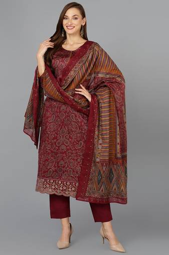 maroon color printed silk blend styles kurta trouser with dupatta