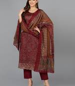 maroon color printed silk blend styles kurta trouser with dupatta