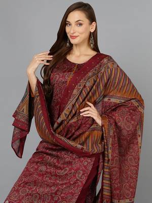maroon color printed silk blend styles kurta trouser with dupatta 2