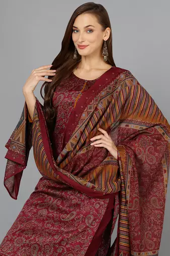 maroon color printed silk blend styles kurta trouser with dupatta