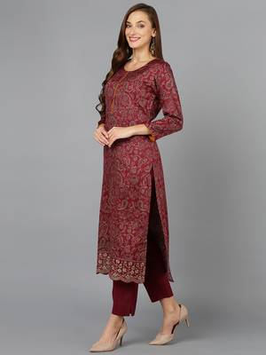 maroon color printed silk blend styles kurta trouser with dupatta 3