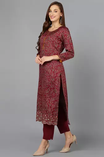 maroon color printed silk blend styles kurta trouser with dupatta