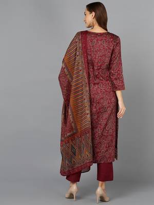 maroon color printed silk blend styles kurta trouser with dupatta 4