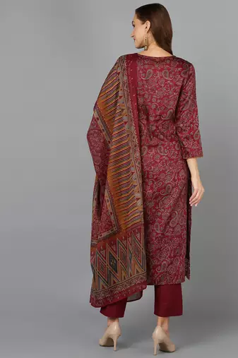 maroon color printed silk blend styles kurta trouser with dupatta