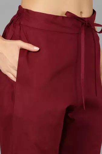 maroon color printed silk blend styles kurta trouser with dupatta