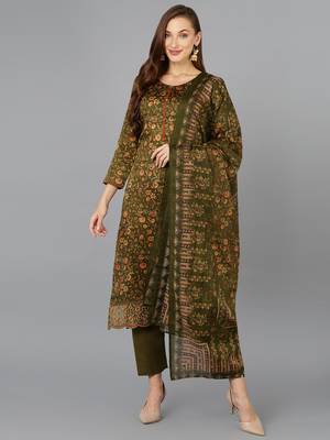 olive color printed silk blend styles kurta trouser with dupatta 1