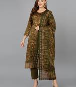 olive color printed silk blend styles kurta trouser with dupatta