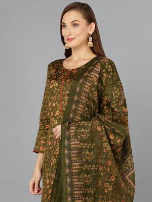 olive color printed silk blend styles kurta trouser with dupatta 2