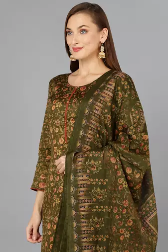 olive color printed silk blend styles kurta trouser with dupatta