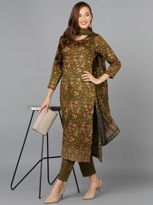 olive color printed silk blend styles kurta trouser with dupatta 3