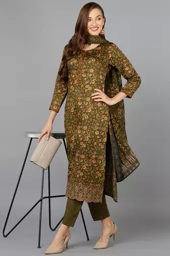 olive color printed silk blend styles kurta trouser with dupatta