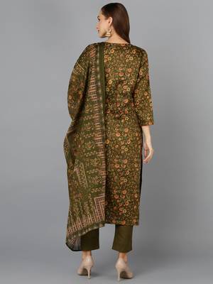 olive color printed silk blend styles kurta trouser with dupatta 4
