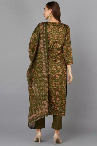 olive color printed silk blend styles kurta trouser with dupatta