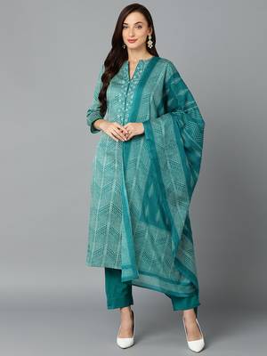 green color printed rayon blend styles kurta trouser with dupatta 1
