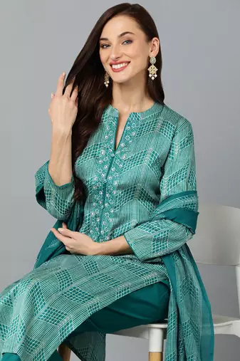 green color printed rayon blend styles kurta trouser with dupatta