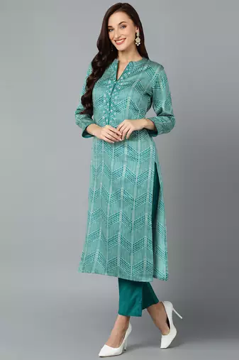 green color printed rayon blend styles kurta trouser with dupatta