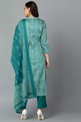 green color printed rayon blend styles kurta trouser with dupatta