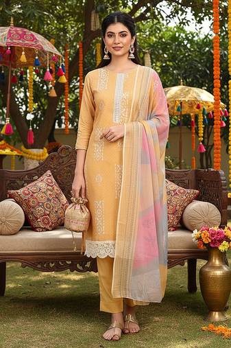 yellow color printed silk blend styles kurta trouser with dupatta