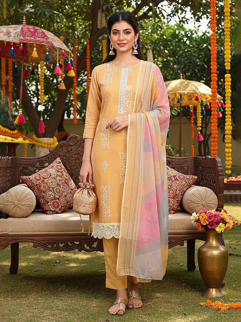 yellow color printed silk blend styles kurta trouser with dupatta