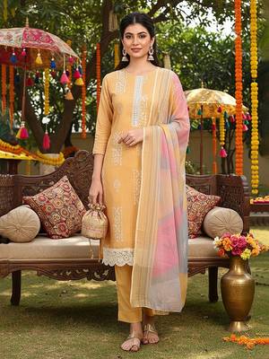 yellow color printed silk blend styles kurta trouser with dupatta 1