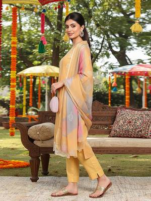 yellow color printed silk blend styles kurta trouser with dupatta 2