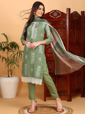 green color printed silk blend styles kurta trouser with dupatta 1